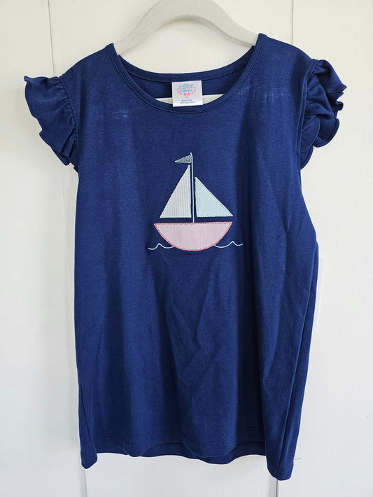 Flutter Pima Tee in Navy with Sailboat Applique, SIZE 8