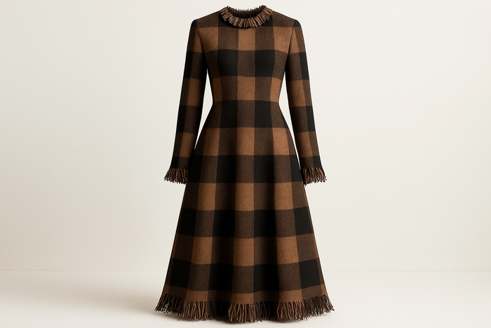a long wool dress in light background  for his is a chic and on trend wool fabric! This wool is sold by the panel and features a built-in matching fringe, giving it a lux custom look! Brown &amp; Black neutral's make up the modern jumbo plaid pattern. This fabric is perfect for a designer level winter coat or get creative with a skirt or poncho.