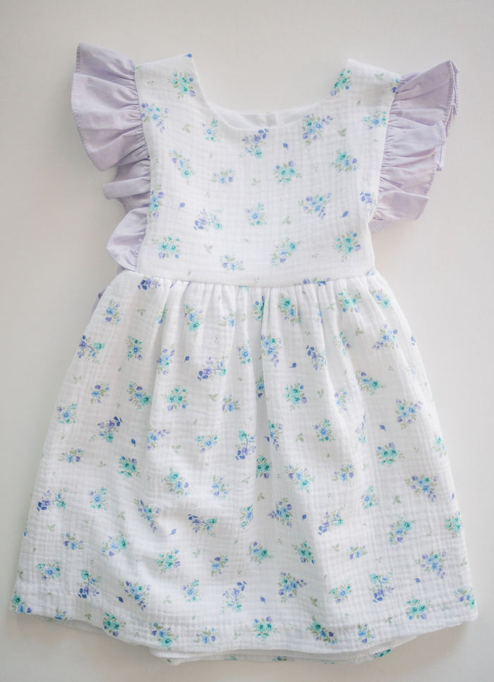 Grace Dress in Blue Floral Gauze (#56) and Lilac Chambray (#41), Lined, Size 5