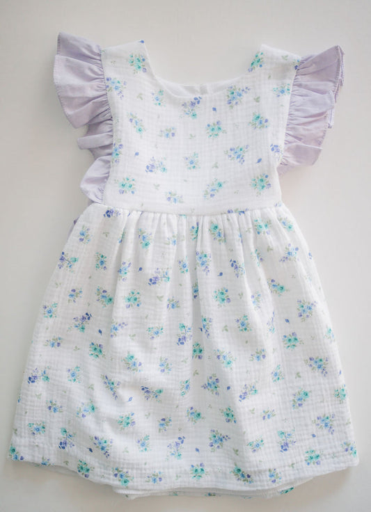 Grace Dress in Blue Floral Gauze (#56) and Lilac Chambray (#41), Lined, Size 5