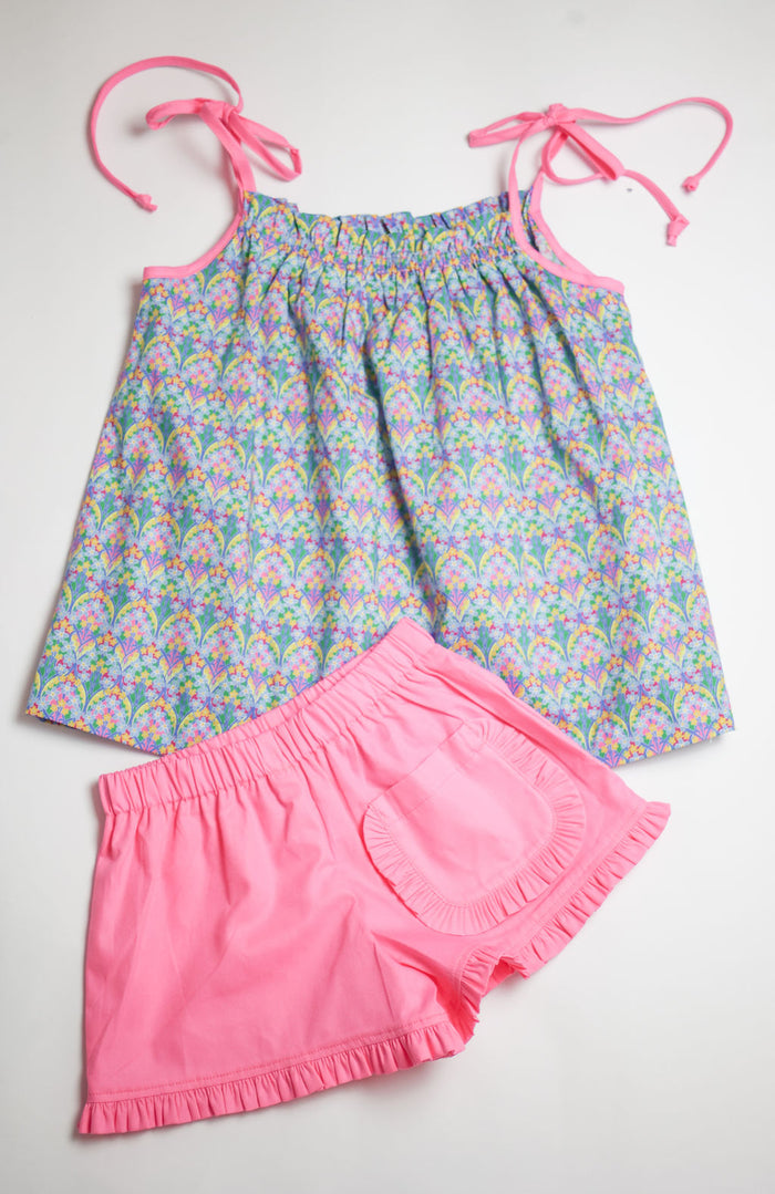 Gretchen Top in Iona Flower Liberty (#53) with Strawberry Broadcloth (#38), Size 6
