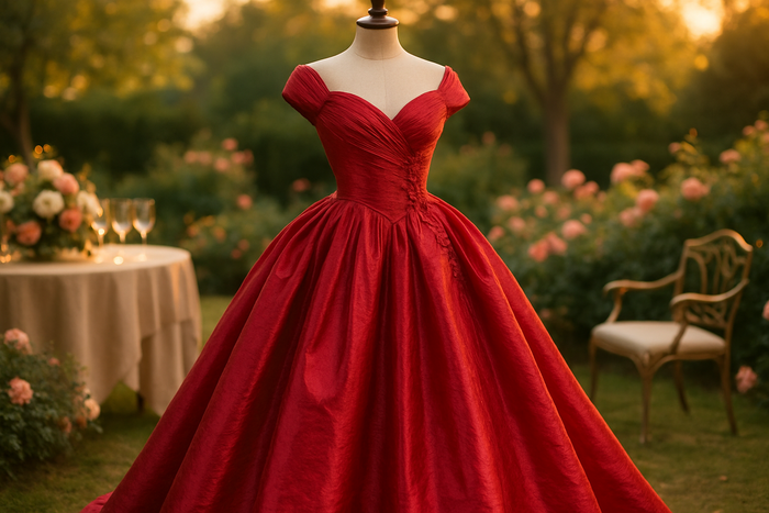 a lovely detailed taffeta dress in bright  red for party in outdoor view