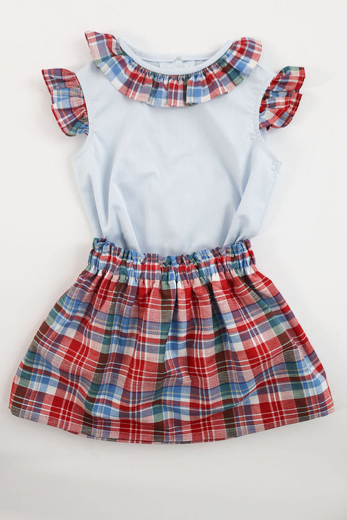 Janie Top in Blue Superfine Twill (#36) with Barrett Square Plaid (#28), Size 7