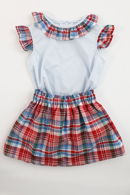 Janie Top in Blue Superfine Twill (#36) with Barrett Square Plaid (#28), Size 7