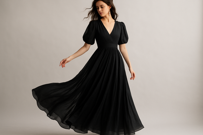 Create an image of a woman wearing a flowy long cotton voile dress in black