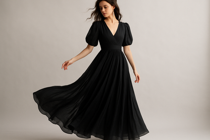 Create an image of a woman wearing a flowy long cotton voile dress in black