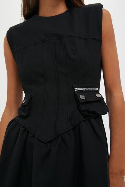 Black Heavy Cotton Tailoring Corset Midi Dress