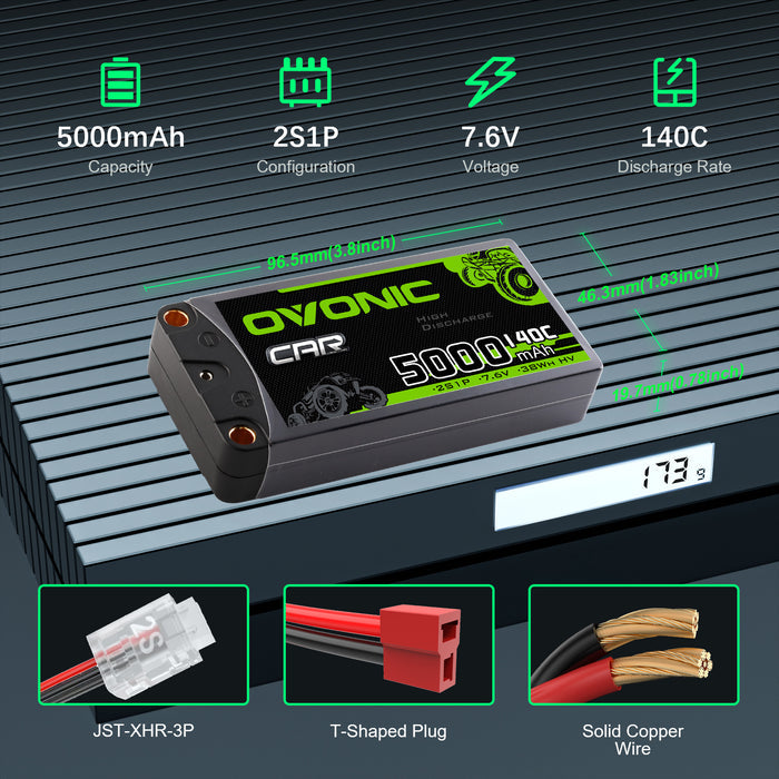 Ovonic 2S 5000mAh 140C 7.6V LiHV Hardcase Battery w/5.0mm Bullet to T-Plug for 1/10 RC Racing(1/2Pack)
