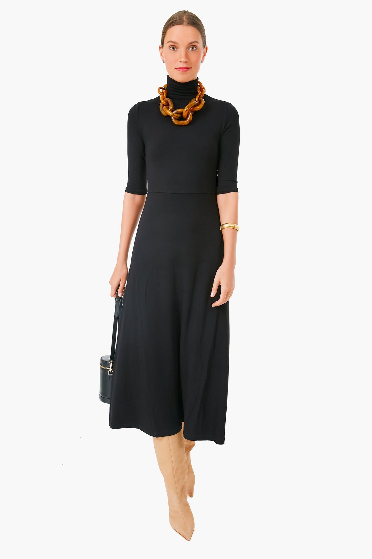 Black Elbow Sleeve Turtleneck Dress