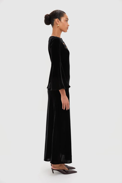 Accademia Black Velvet Bell Sleeve Catherine Maxi Dress