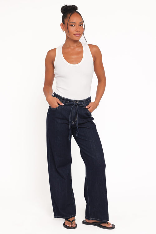 Clover Drawstring Wide Leg Jeans - Dark Wash