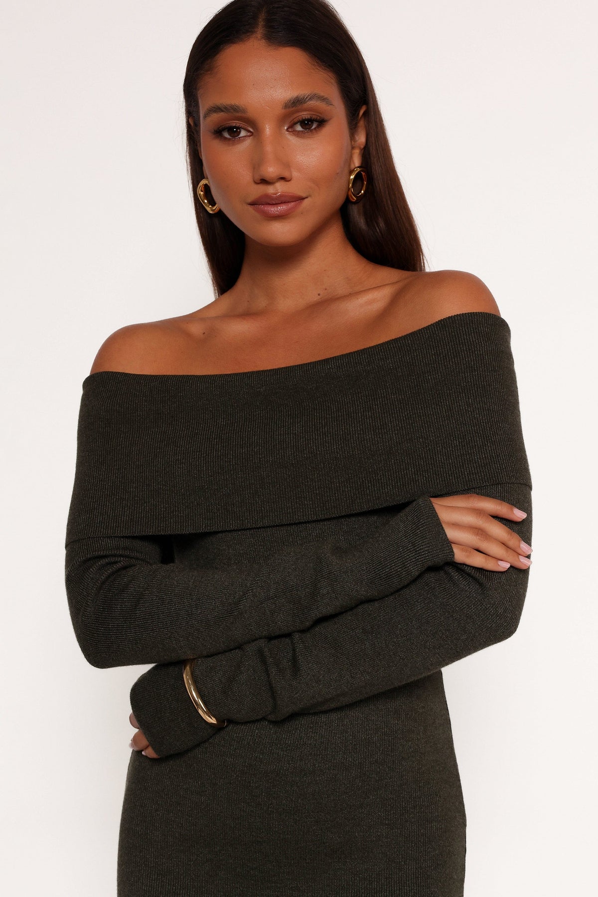 Archie Off The Shoulder Midi Dress - Olive