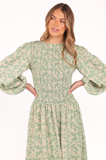 Ashara Long Sleeve Midi Dress - Green Floral