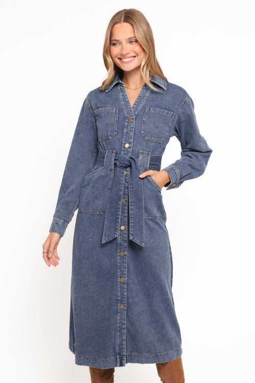 Ballina Long Sleeve Midi Dress - Blue Denim