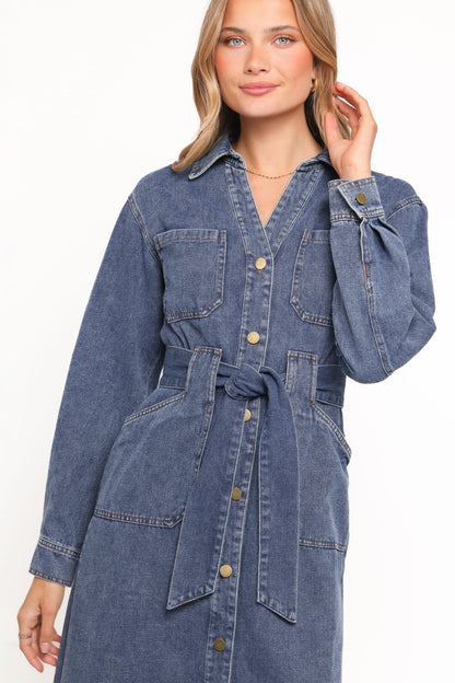 Ballina Long Sleeve Midi Dress - Blue Denim