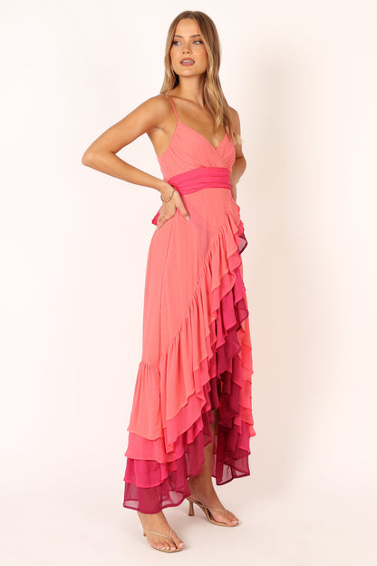 BomBon Tiered Maxi Dress - Coral Hot Pink