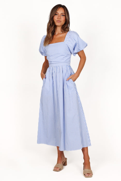 Clo Puff Sleeve Midi Dress - Blue Stripe