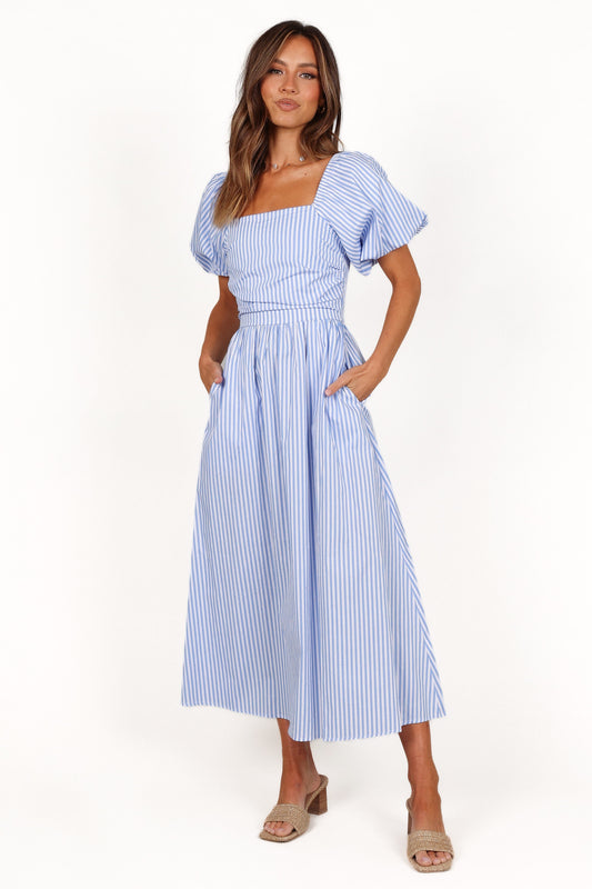 Clo Puff Sleeve Midi Dress - Blue Stripe