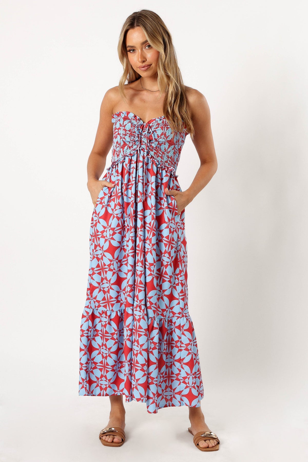 Dayton Strapless Midi Dress - Red Blue