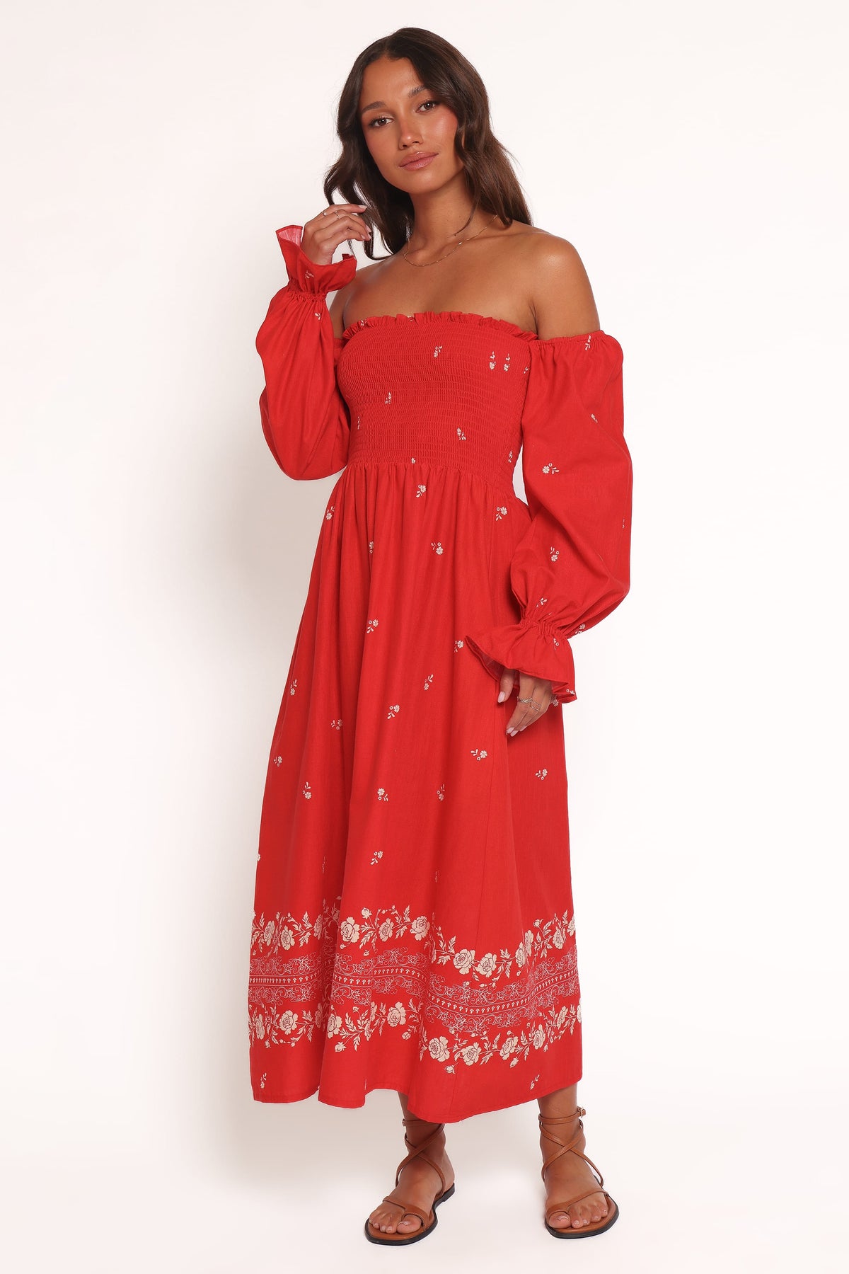 Domenica Shirred Long Sleeve Midi Dress - Red Floral Bandana