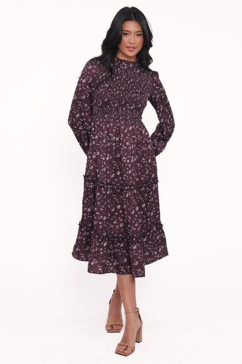 Edwina Shirred Frill Long Sleeve Midi Dress - Plum Floral