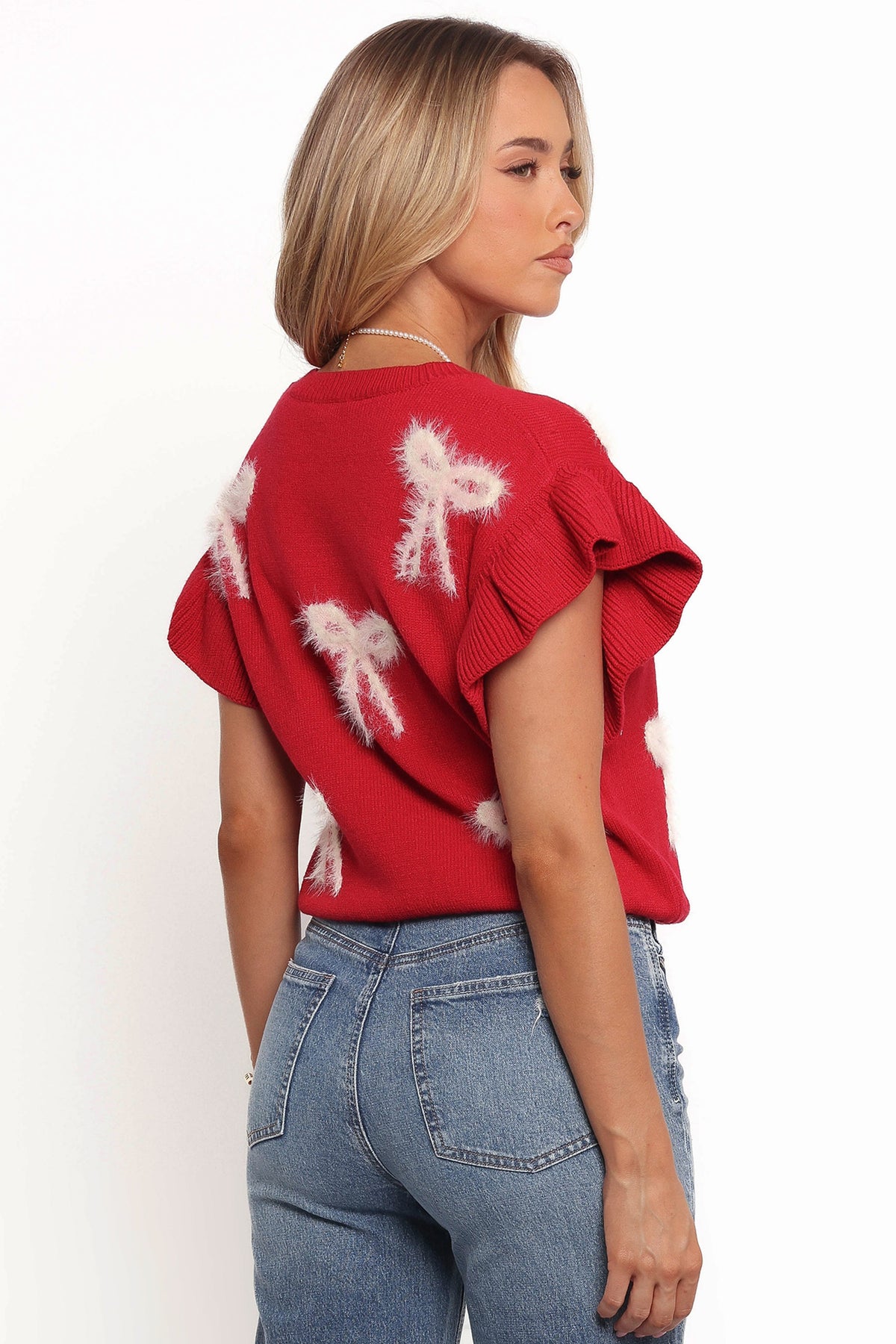 Cherish Ruffle Sleeve Bow Knit Sweater - Red