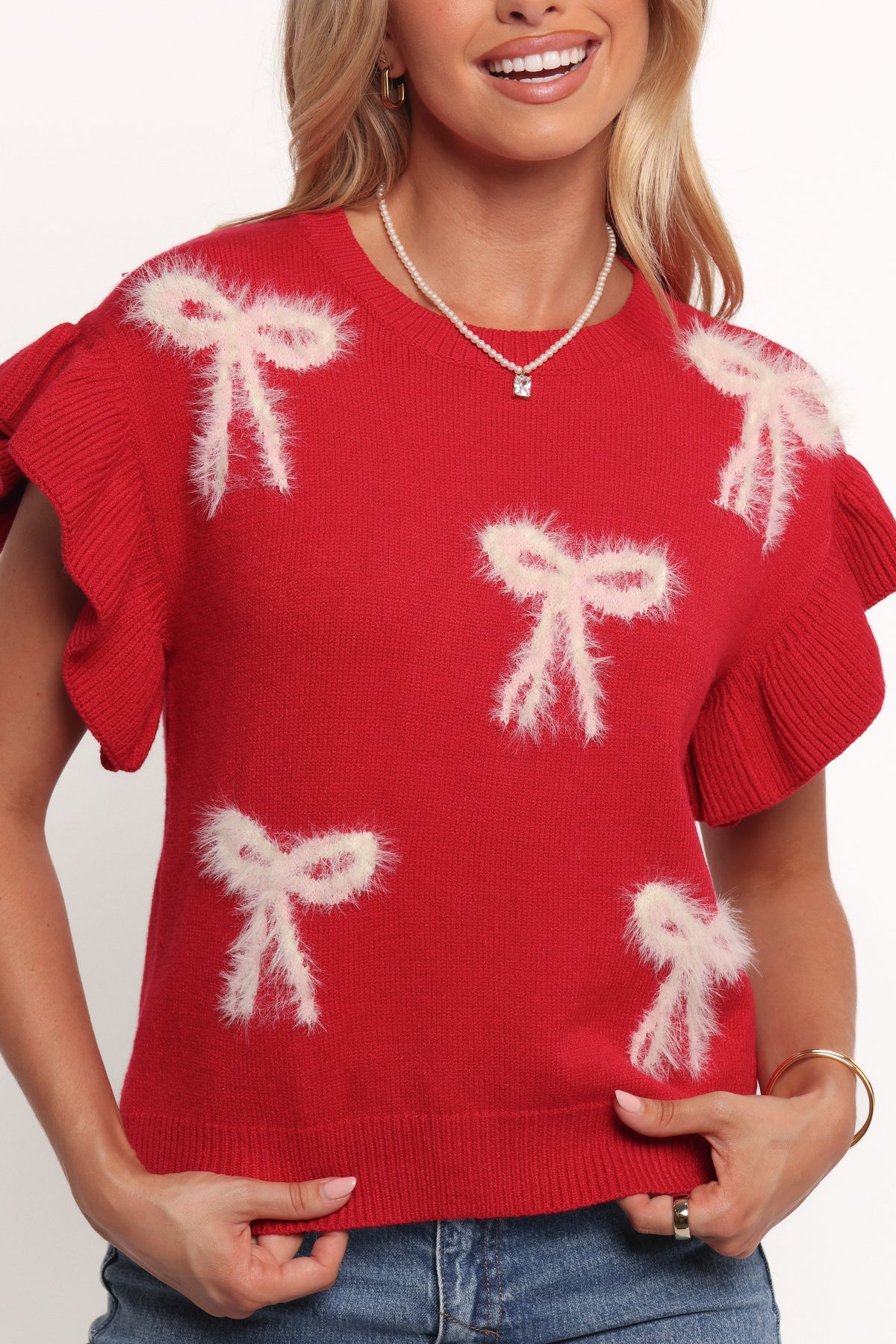 Cherish Ruffle Sleeve Bow Knit Sweater - Red