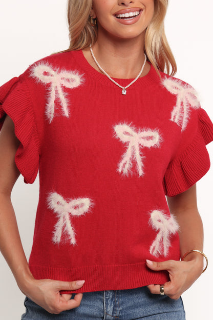 Cherish Ruffle Sleeve Bow Knit Sweater - Red