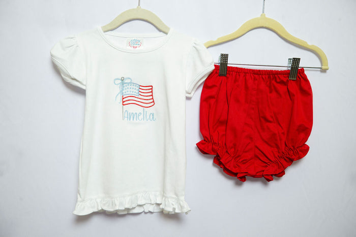 Pima Ruffle Tee in White with Girl Flag Embroidery w/ "Amelia", SIZE 2T