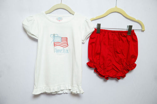 Pima Ruffle Tee in White with Girl Flag Embroidery w/ "Amelia", SIZE 2T