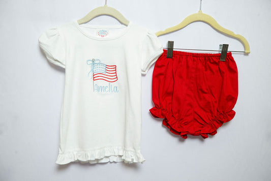 Pima Ruffle Tee in White with Girl Flag Embroidery w/ "Amelia", SIZE 2T