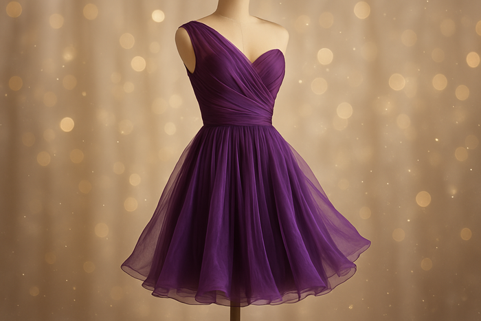 a lovley short cocktail  dress with fancy light background with silk chiffon in purple color