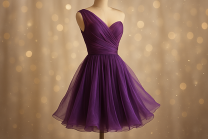 a lovley short cocktail  dress with fancy light background with silk chiffon in purple color