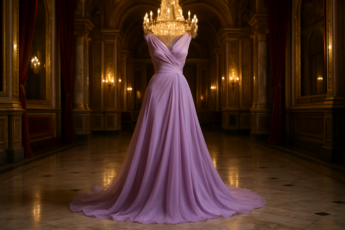 a long dress fancy in fancy location with silk chiffon lilac color