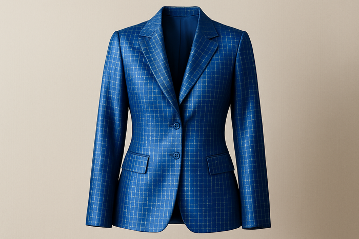 a lovely jacket for This is a very luxurious silk shirting, featuring a thin white checkerboard&nbsp;pattern. In a lovely true-blue&nbsp;color this fabric is great for fall or to keep you cool in the summer! Make a shirt or blouse with this unique shirting. We recommend the&nbsp;Paris Dress from Vikisews Patterns!&nbsp;

Content: 100% Silk