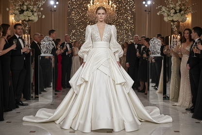 a lovely detailed long dress in party background with Silk Taffeta Wide - Bright White