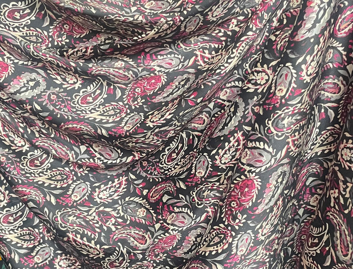 Spanish Stretch Rayon Satin Print - Black, Purple & Off-White Paisley