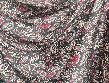 Spanish Stretch Rayon Satin Print - Black, Purple & Off-White Paisley