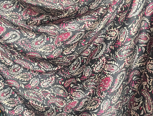 Spanish Stretch Rayon Satin Print - Black, Purple & Off-White Paisley