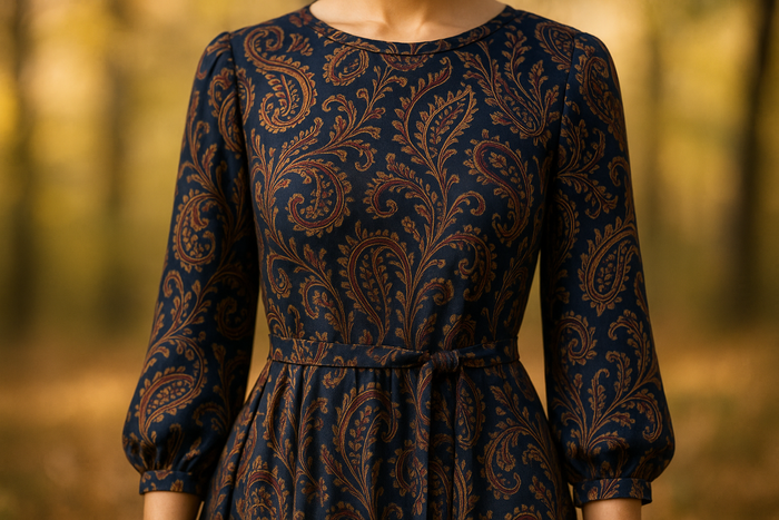 a lovely autumn dress with matte rayon satin with detail out door light background  Paisley Printed  -navy and burgundy and gold