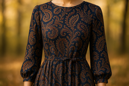 a lovely autumn dress with matte rayon satin with detail out door light background  Paisley Printed  -navy and burgundy and gold