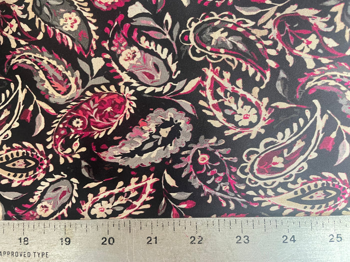 Spanish Stretch Rayon Satin Print - Black, Purple & Off-White Paisley