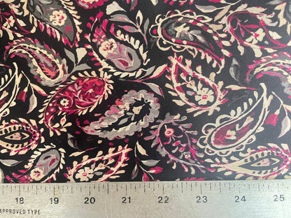 Spanish Stretch Rayon Satin Print - Black, Purple & Off-White Paisley