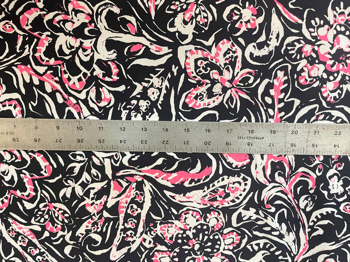 Stretch Cotton Sassy Floral - Hot Pink, Black & White
