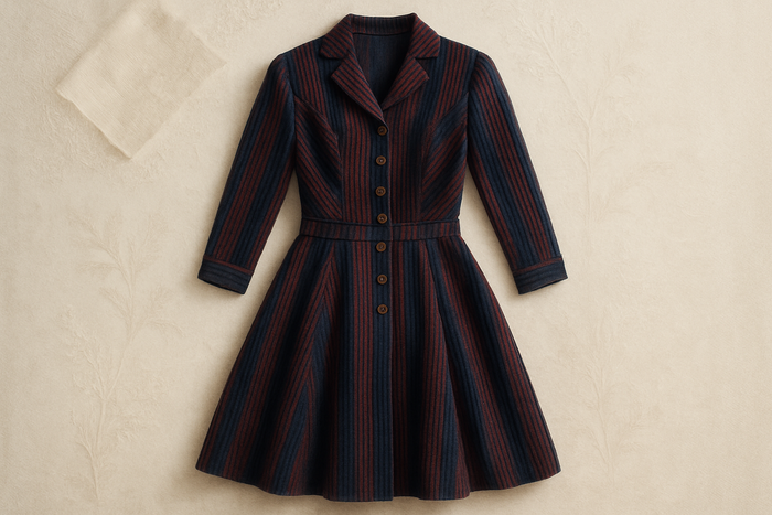 a lovely dress with detail light background with Stripe Cotton Corduroy - Navy Blue & Burgundy
