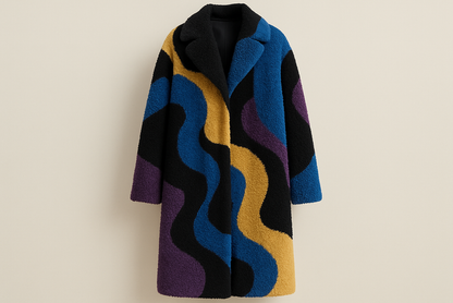 long jacket with Teddy Faux Sherpa Fur - Abstract Black, Blue, Yellow & Purple