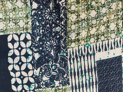 Textured Lightweight Cotton - Patchwork Print - Blue, White & Green