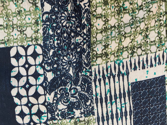 Textured Lightweight Cotton - Patchwork Print - Blue, White & Green