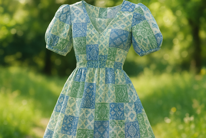 a summer dress with detail in light outdoor with  Textured Lightweight Cotton - Patchwork Print - Blue, White & Green