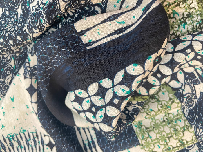 Textured Lightweight Cotton - Patchwork Print - Blue, White & Green